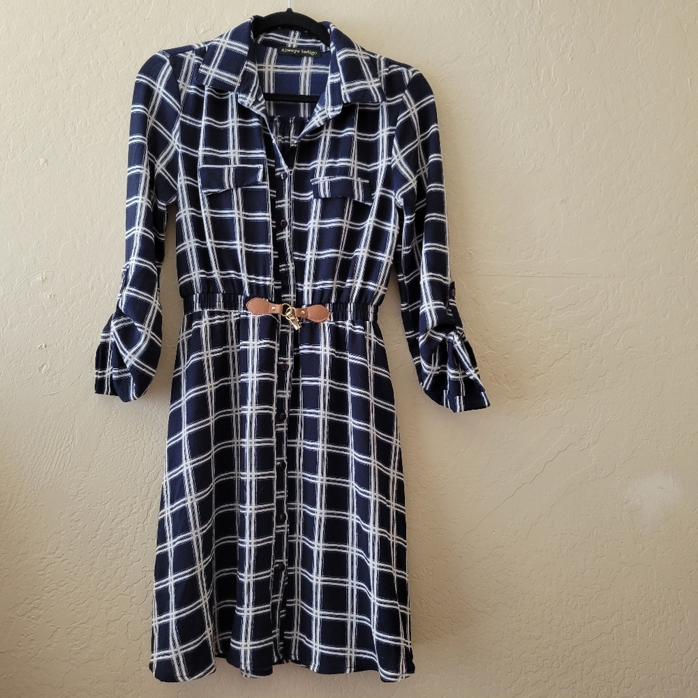Always Indigo navy blue plaid dress Size PS Petite Small